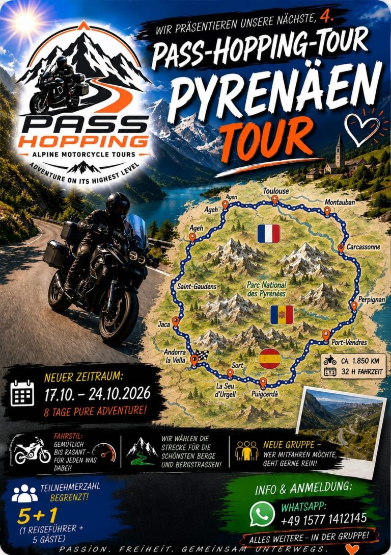 Werbeflyer für die geführte Pyrenäen-Motorradtour 2026 von Pass Hopping