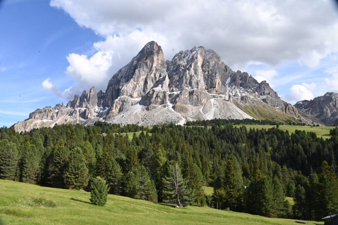 Dolomitenpanorama – Motorradtour durch Südtirol Markante Felsgipfel der Dolomiten über grünen Almwiesen und Nadelwäldern unter blauem Himmel