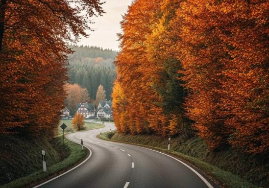Geschwungene Landstraße durch einen Wald mit leuchtend orangefarbenen und goldgelben Herbstbäumen